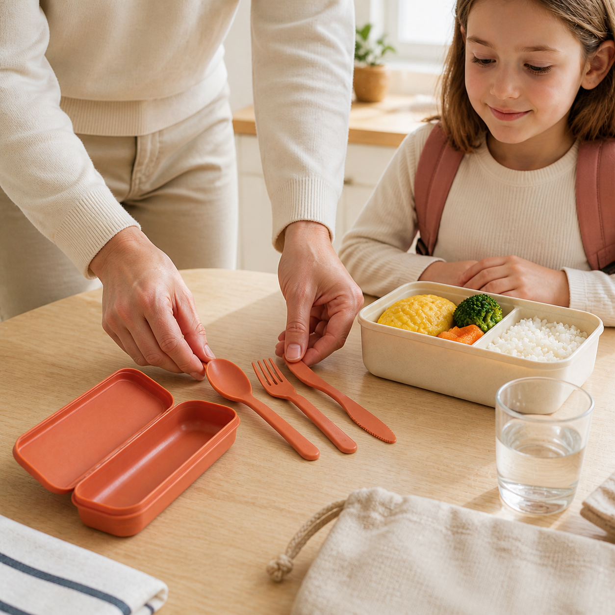 Orange plastic spoon, fork and rounded table knife beside their open travel case and a lunchbox.