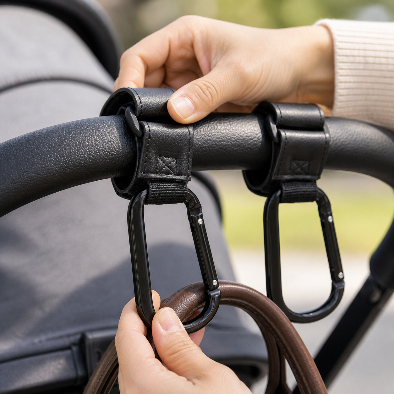 Close detail of black wraparound straps and carabiner-style stroller hooks