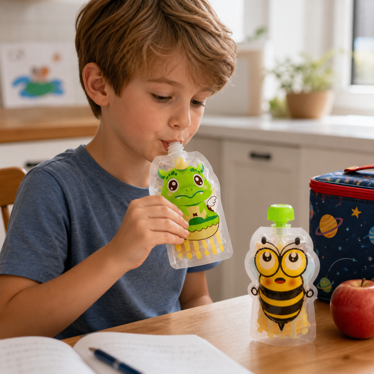 School-age child enjoying the green dinosaur reusable food pouch at a table