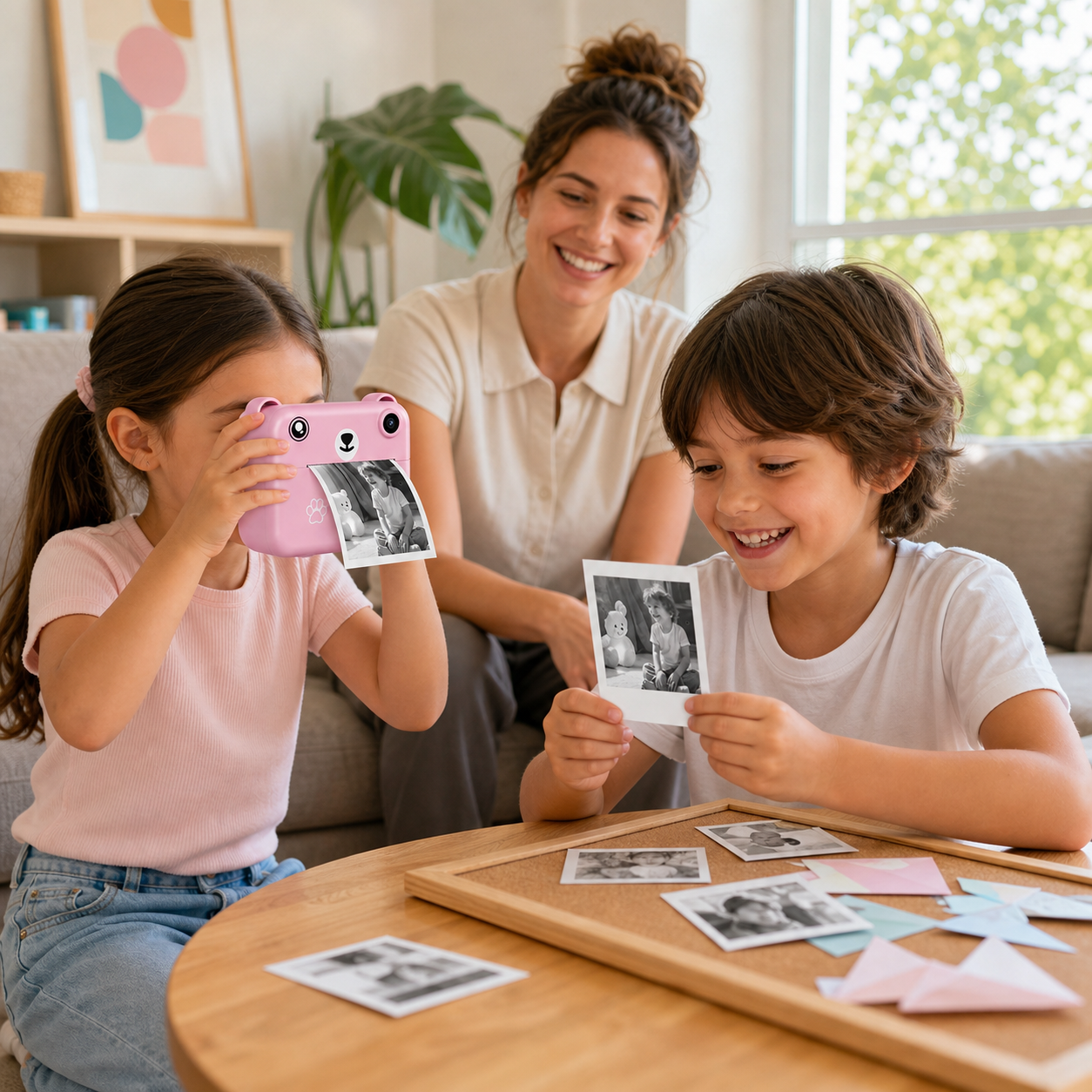 Two children sharing printed photos from the pink instant-print camera with an adult nearby