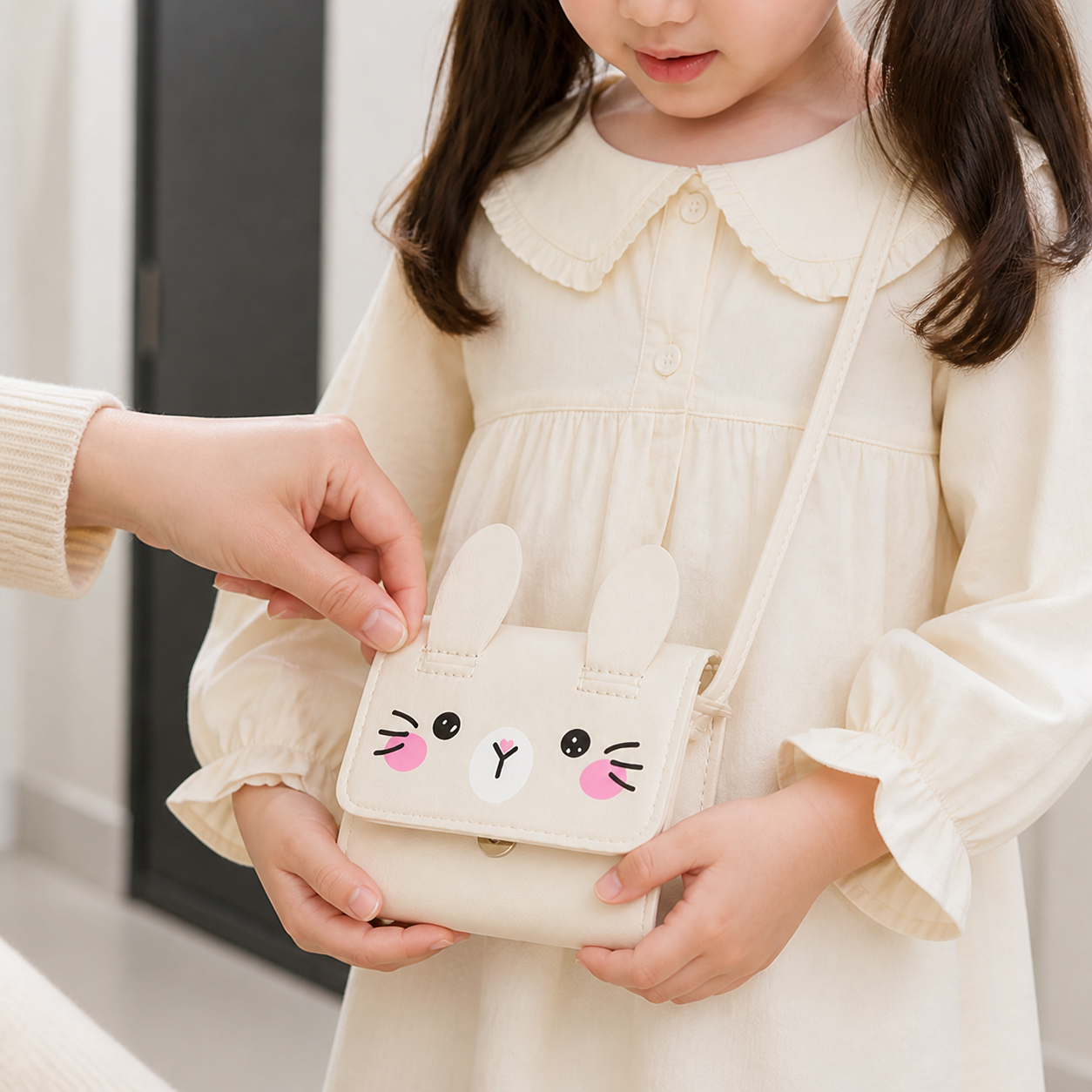 Close product view of the white rabbit mini handbag and its front closure