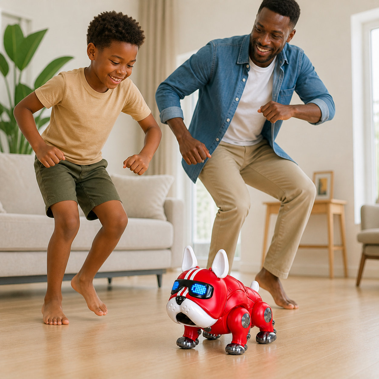 Dance Music Bulldog Robot Intelligent Interactive Dog Light — parent and child creating a simple follow-the-dog dance game around the robot