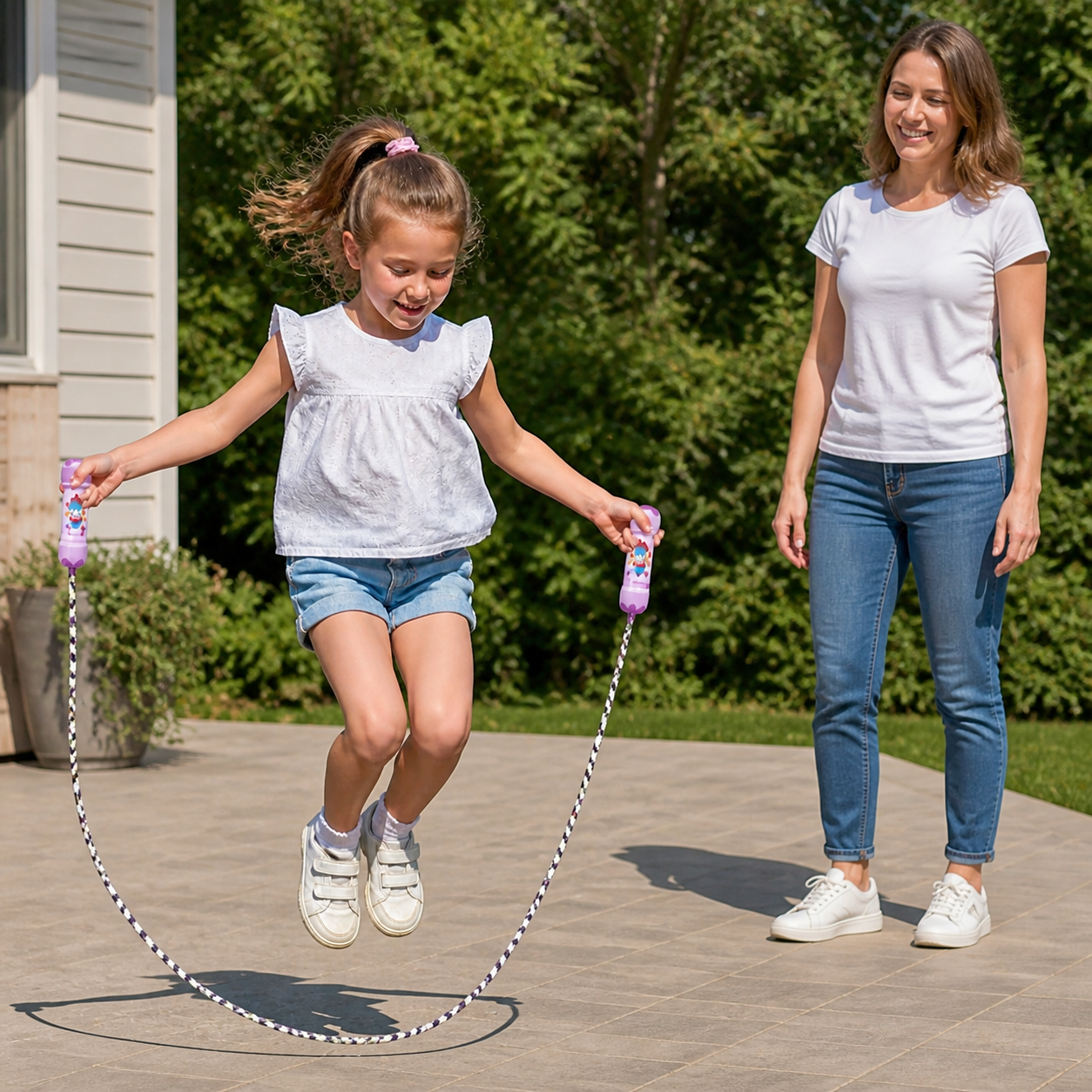 Young child using a purple-handled black-and-white cotton jump rope outdoors
