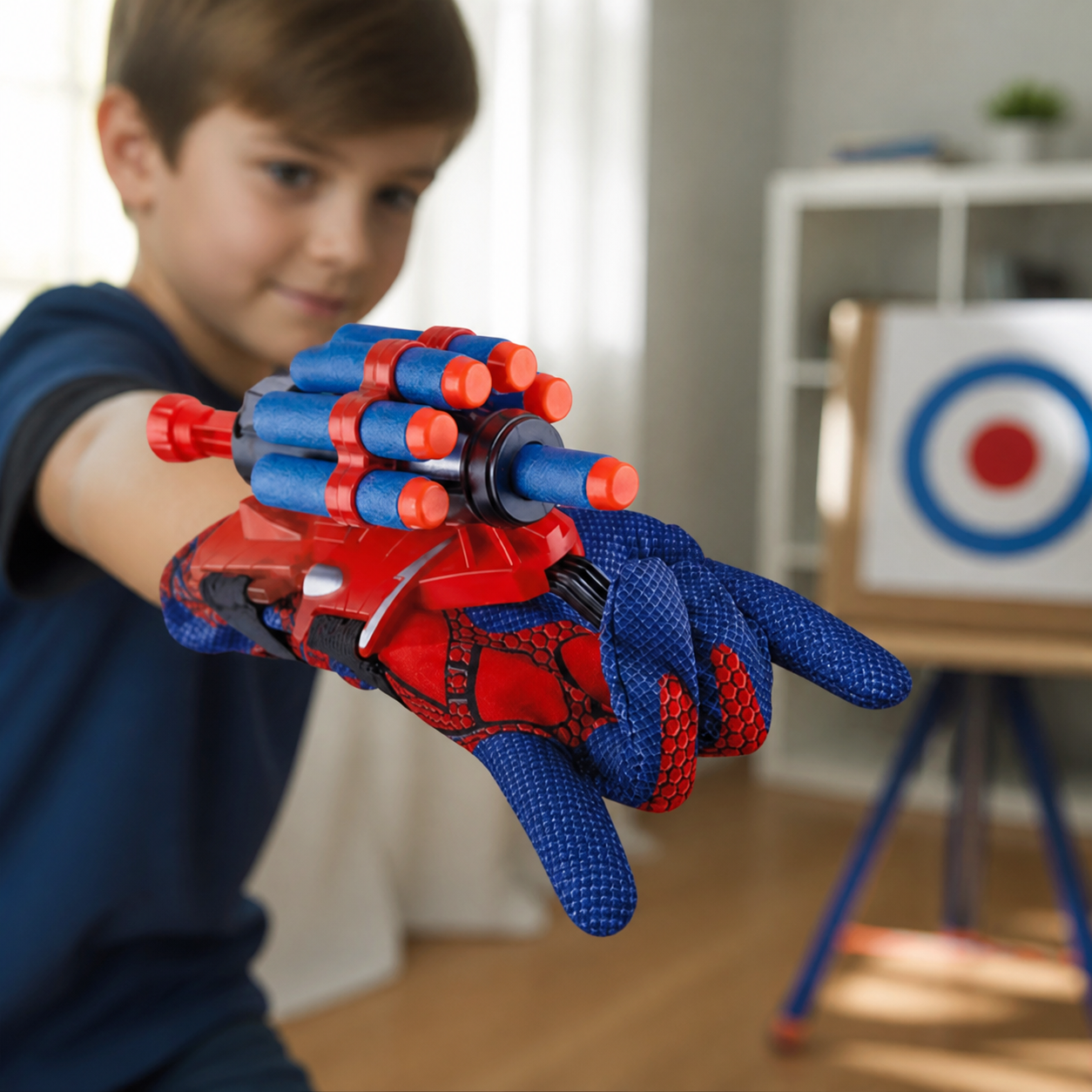 Adult Spider Web Soft Bullet Launcher Glove Cosplay — close detail of adult hand correctly fitted in the glove and wrist launcher loaded with one foam dart