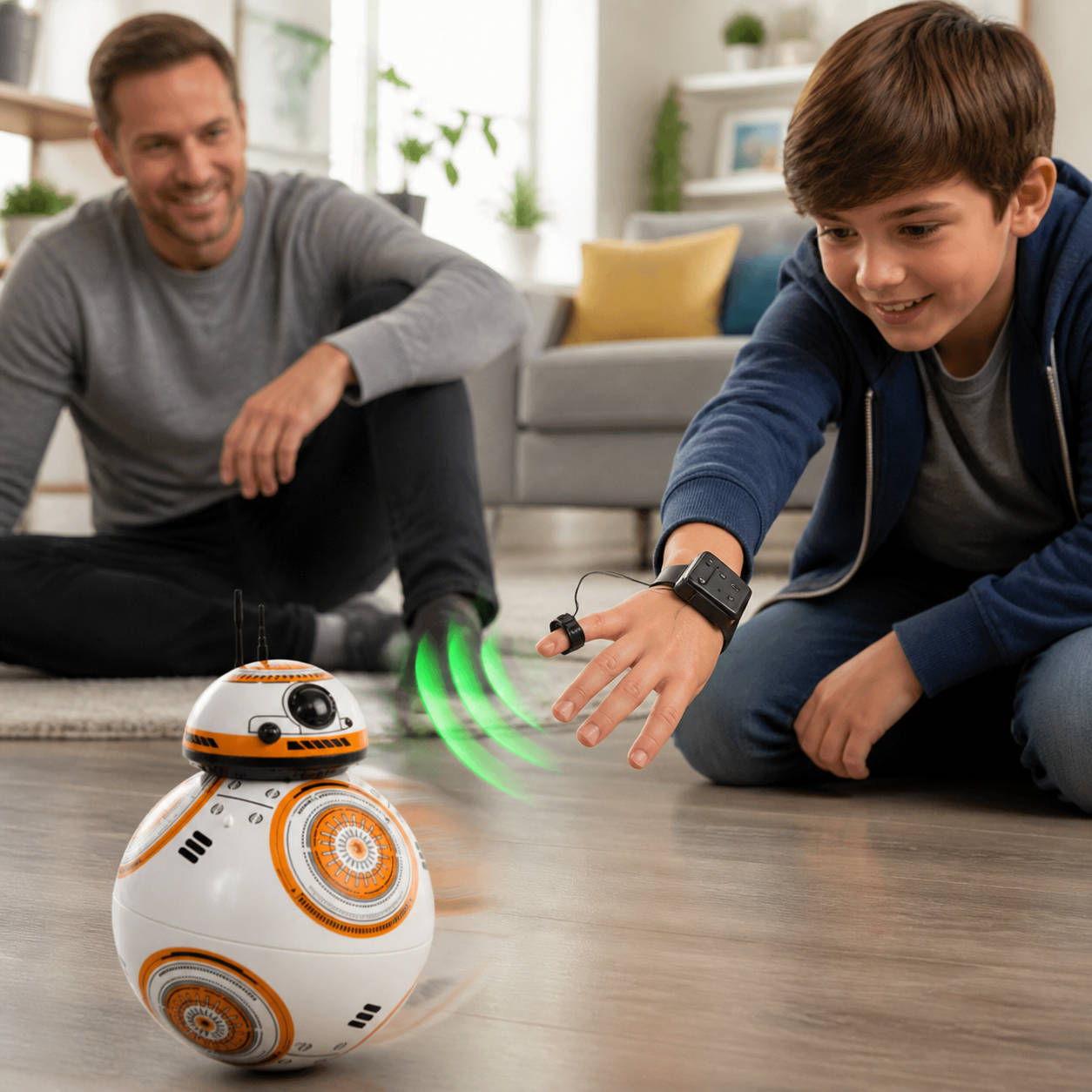 School-age child using the black wrist gesture controller to guide an orange-and-white spherical robot
