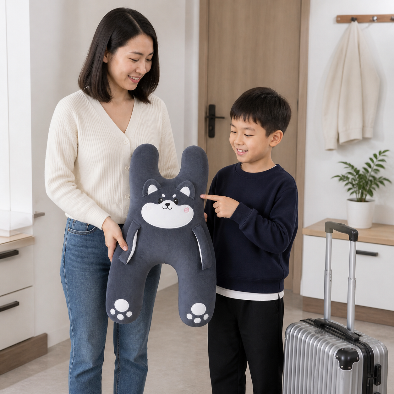 Parent holding the approximately 56 by 42 centimetre husky travel cushion beside a school-age child to show scale