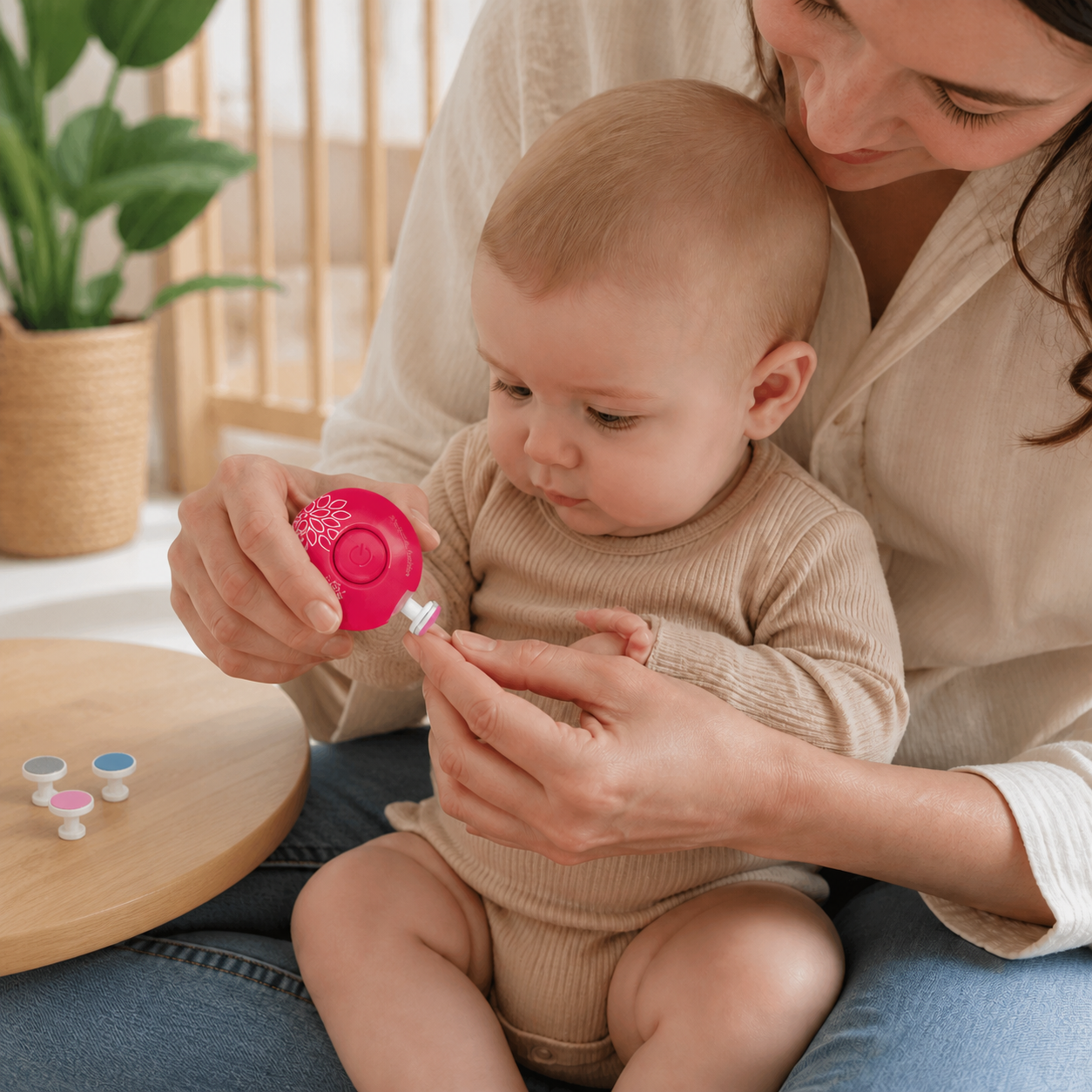 Electric Baby Nail Clipper Cutter Newborn Trimmer Kid — calm parent-and-baby grooming routine with spare heads kept safely out of baby’s reach