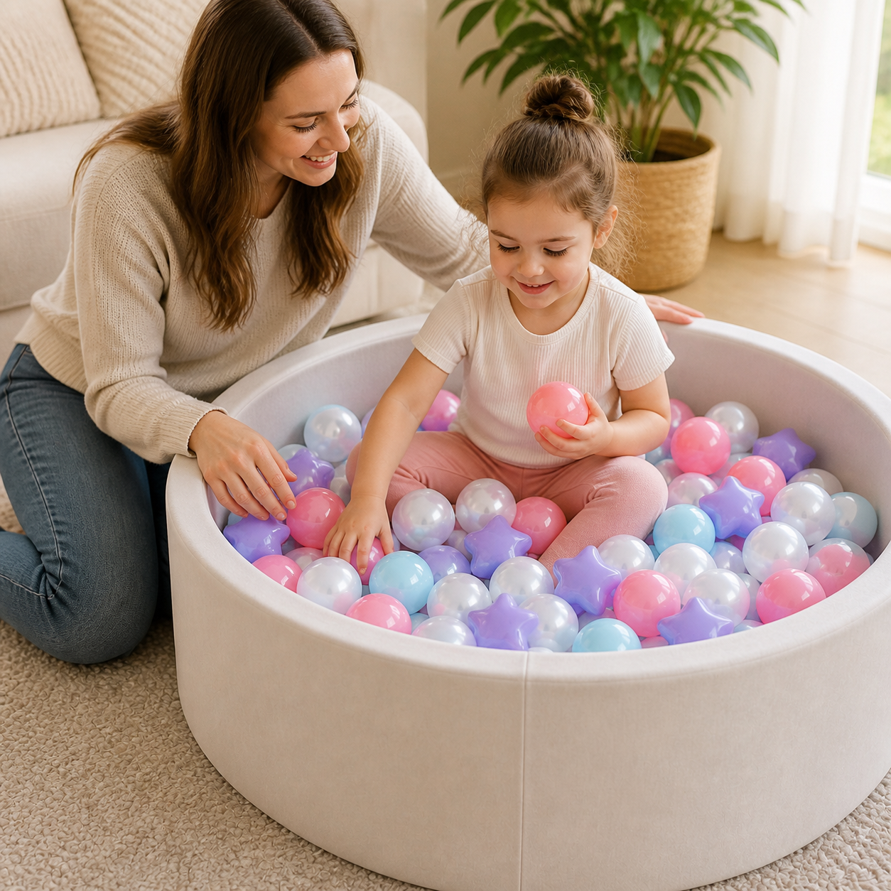 Preschool child playing under parent supervision in a pit of pastel round balls and star pieces