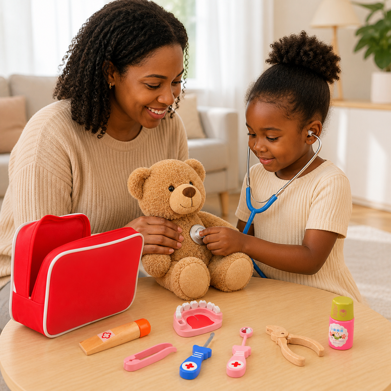 Young child using a toy stethoscope on a teddy bear with a wooden doctor kit