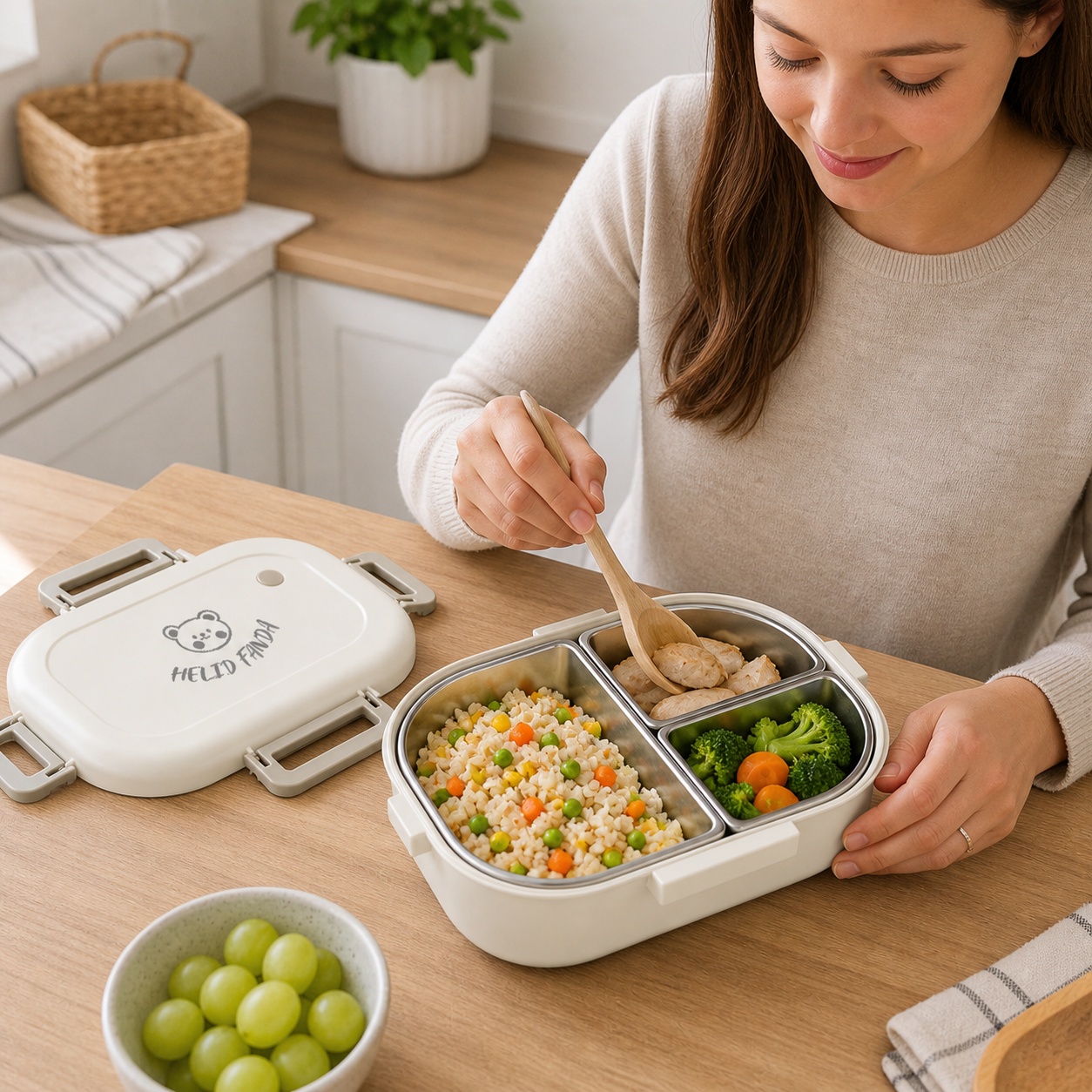 Adult packing food into a three-compartment 800 ml bento box in a bright kitchen.