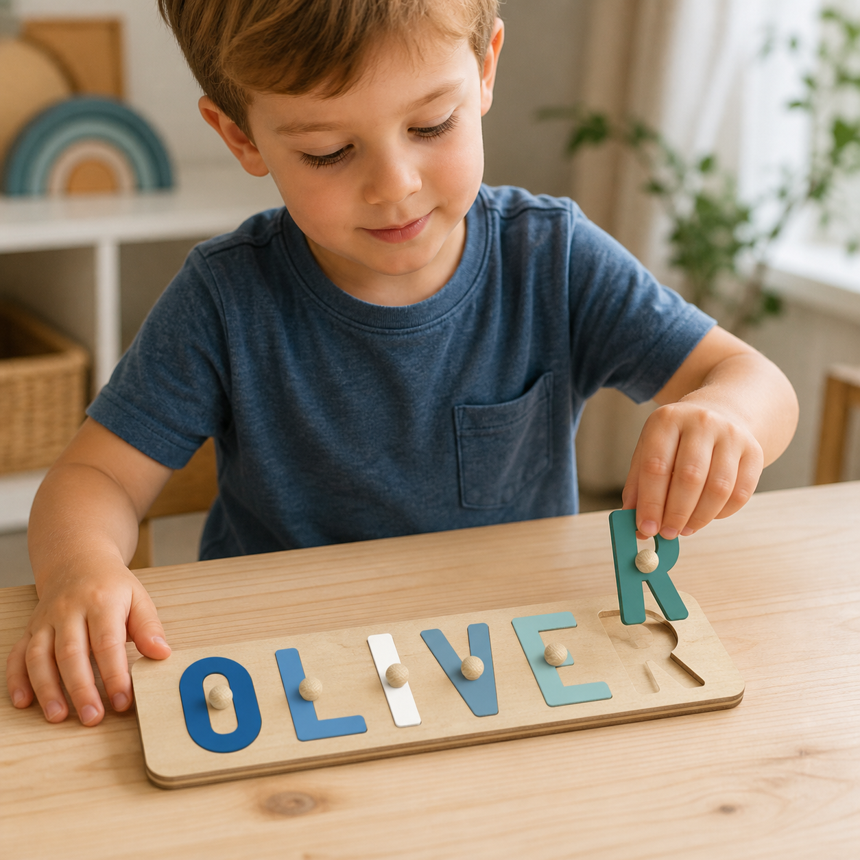 Preschool child lifting the R from a personalised OLIVER wooden name puzzle by its peg
