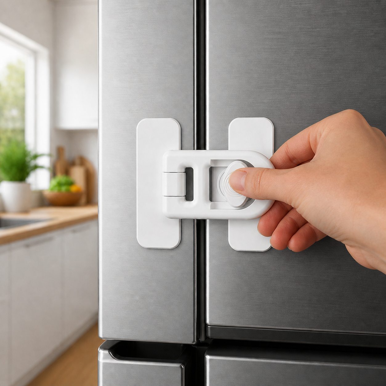 Safety Fridge Door Lock No Drill Screw Childproof — close view of adult sliding the center latch into the locked position, correct fingers