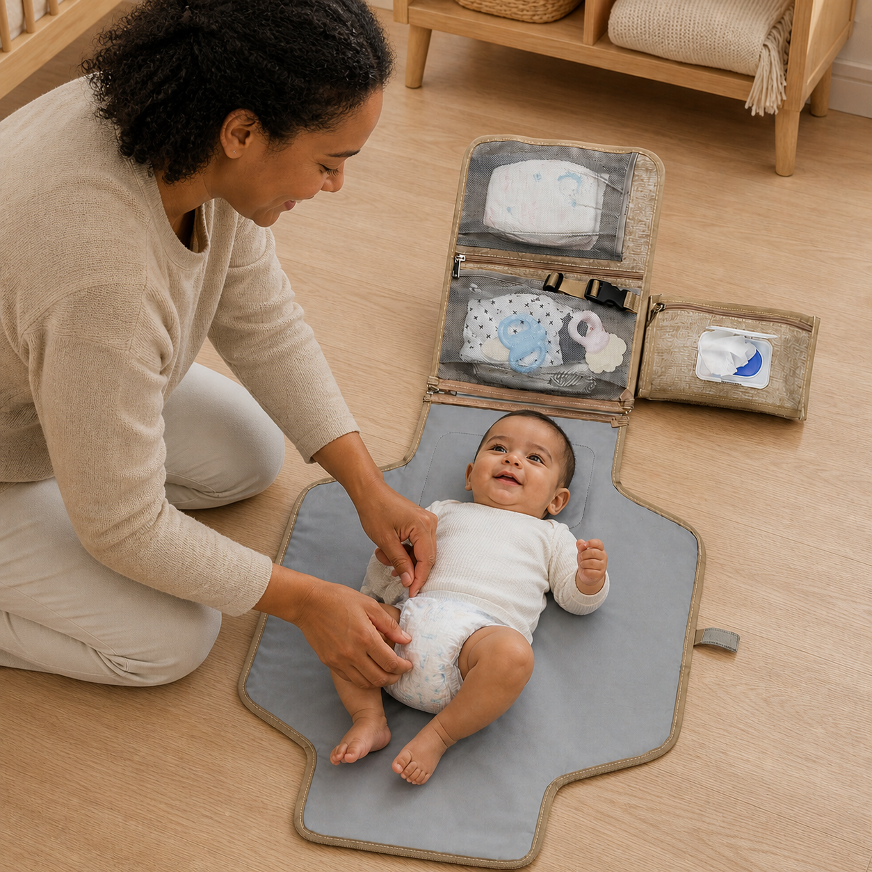 Baby Diaper Pad Waterproof Changing Travel Multifunction — parent changing a fully diapered baby on the unfolded travel pad placed safely on the floor