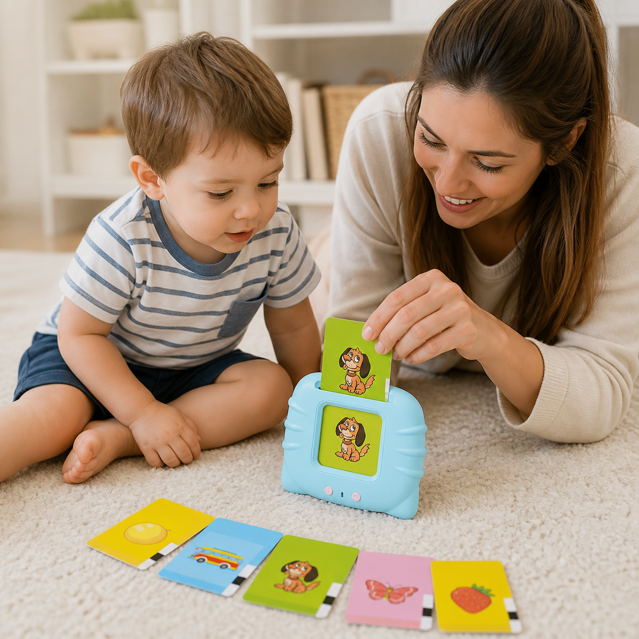 Early Education Flash Card Learning Toys Talking Flashcards — parent inserts one illustrated card into the blue reader while toddler watches