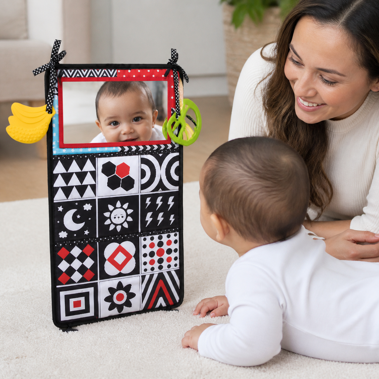 Black White Baby Floor Mirror Tummy Time Sensory — close low-angle view of baby’s reflection and one high-contrast panel, no distorted face or limbs