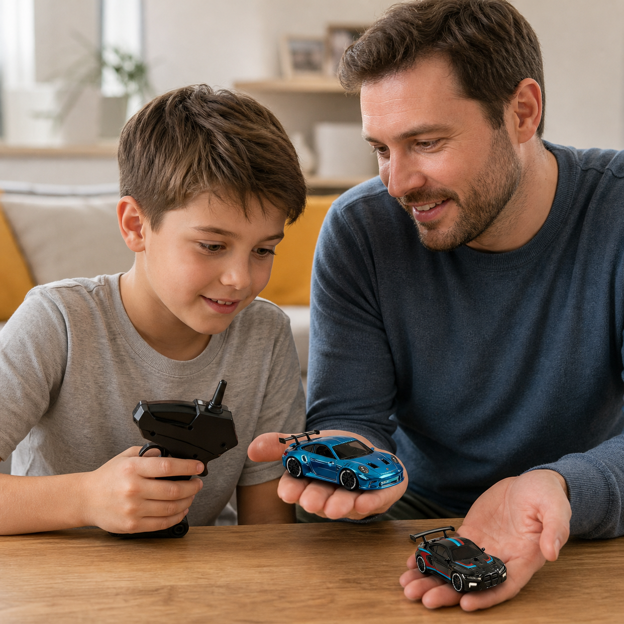 Child aged around 8 to 10 racing two palm-sized 1:64 remote-control cars with an adult at a tabletop track