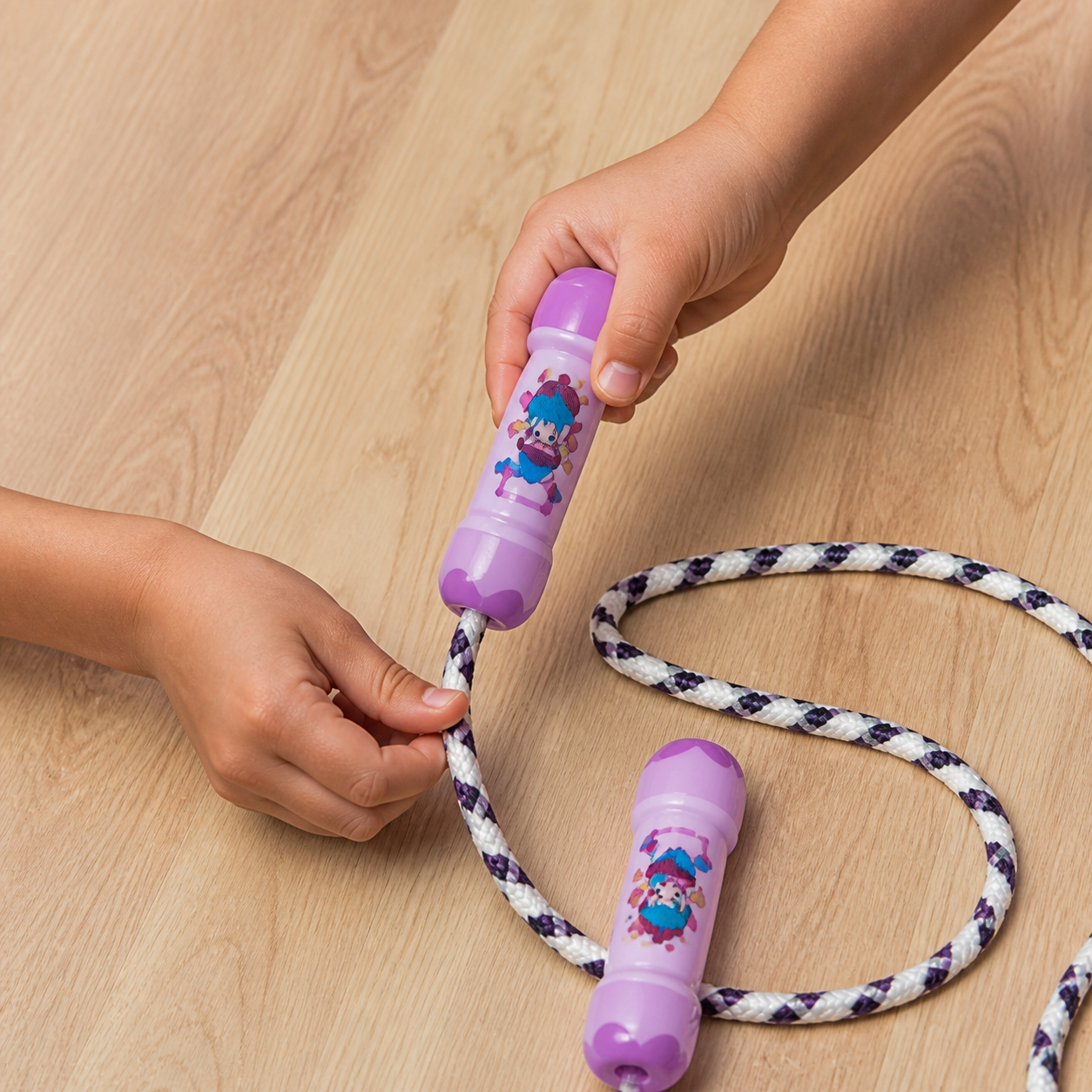 Child happily practicing jump-rope rhythm on a flat playground surface