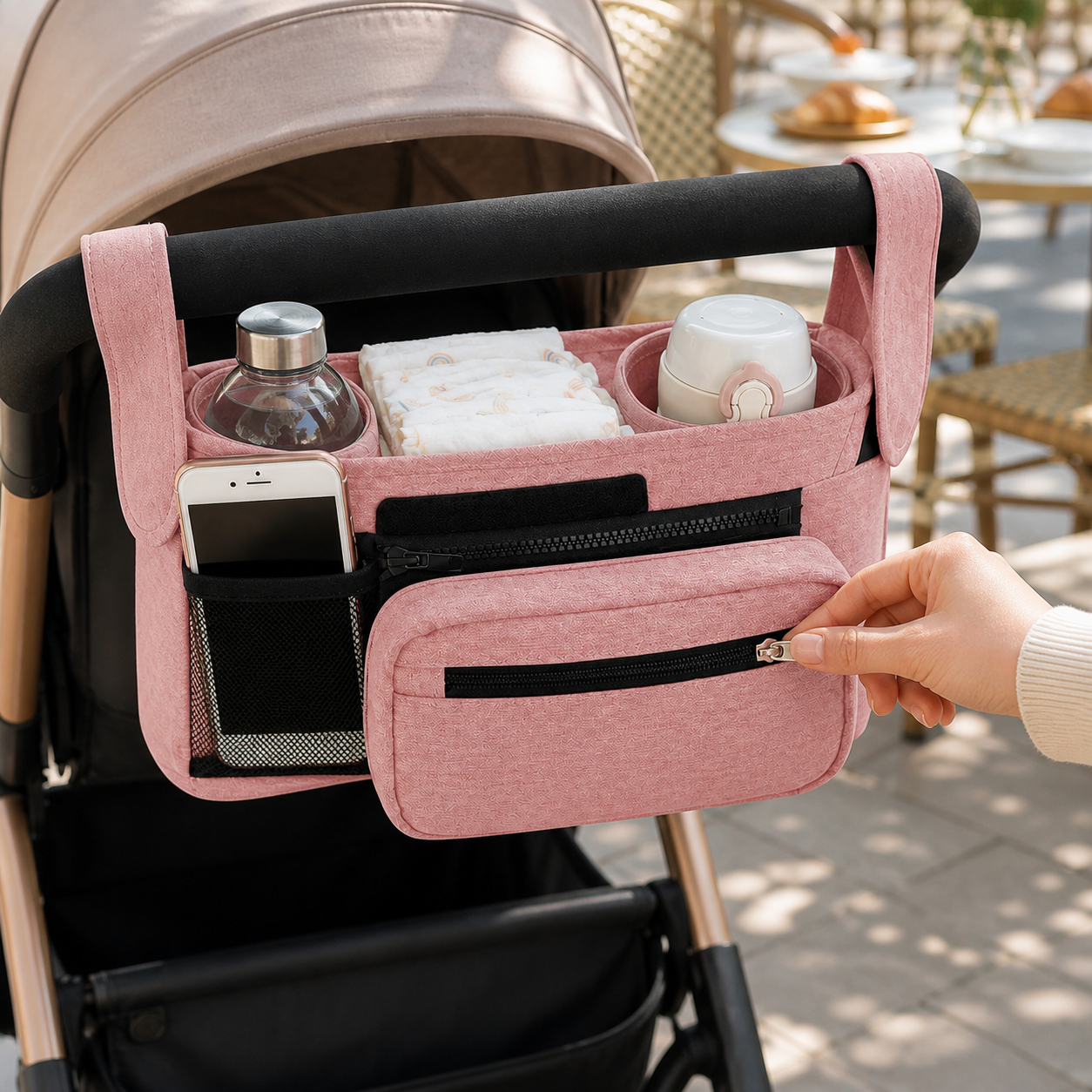 Close-up of cup holders, phone pocket and zippered pouch on a pink stroller organiser.