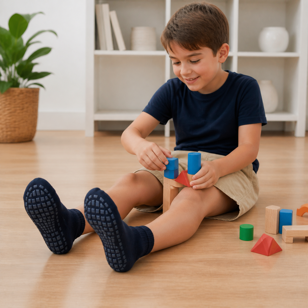 Child wearing navy ankle socks with rectangular anti-slip grip soles during floor play