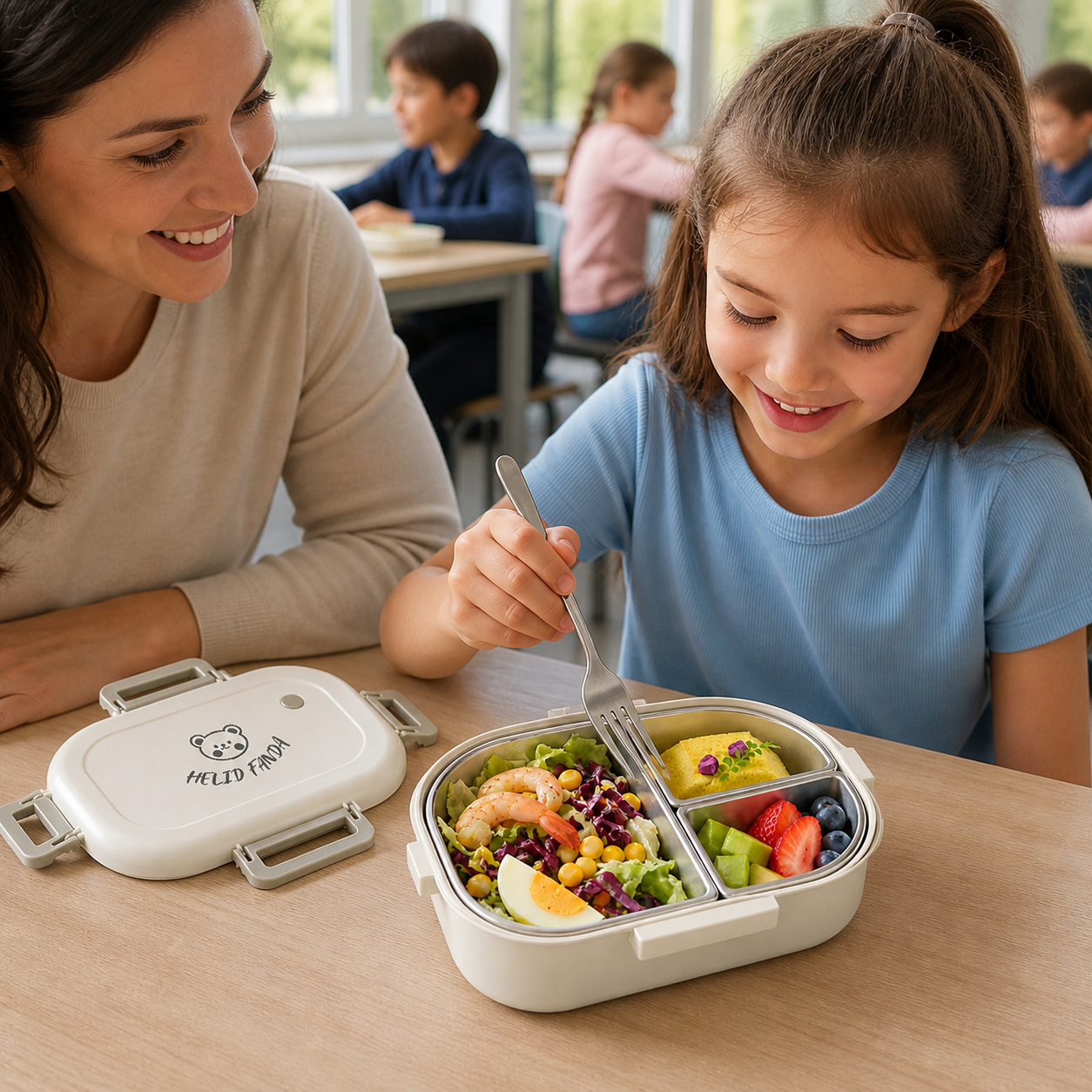 School-age child using an open three-compartment bento box with an adult nearby.