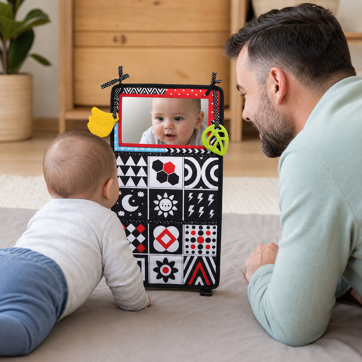 Black White Baby Floor Mirror Tummy Time Sensory — awake infant doing tummy time facing the mirror panel while parent lies beside them