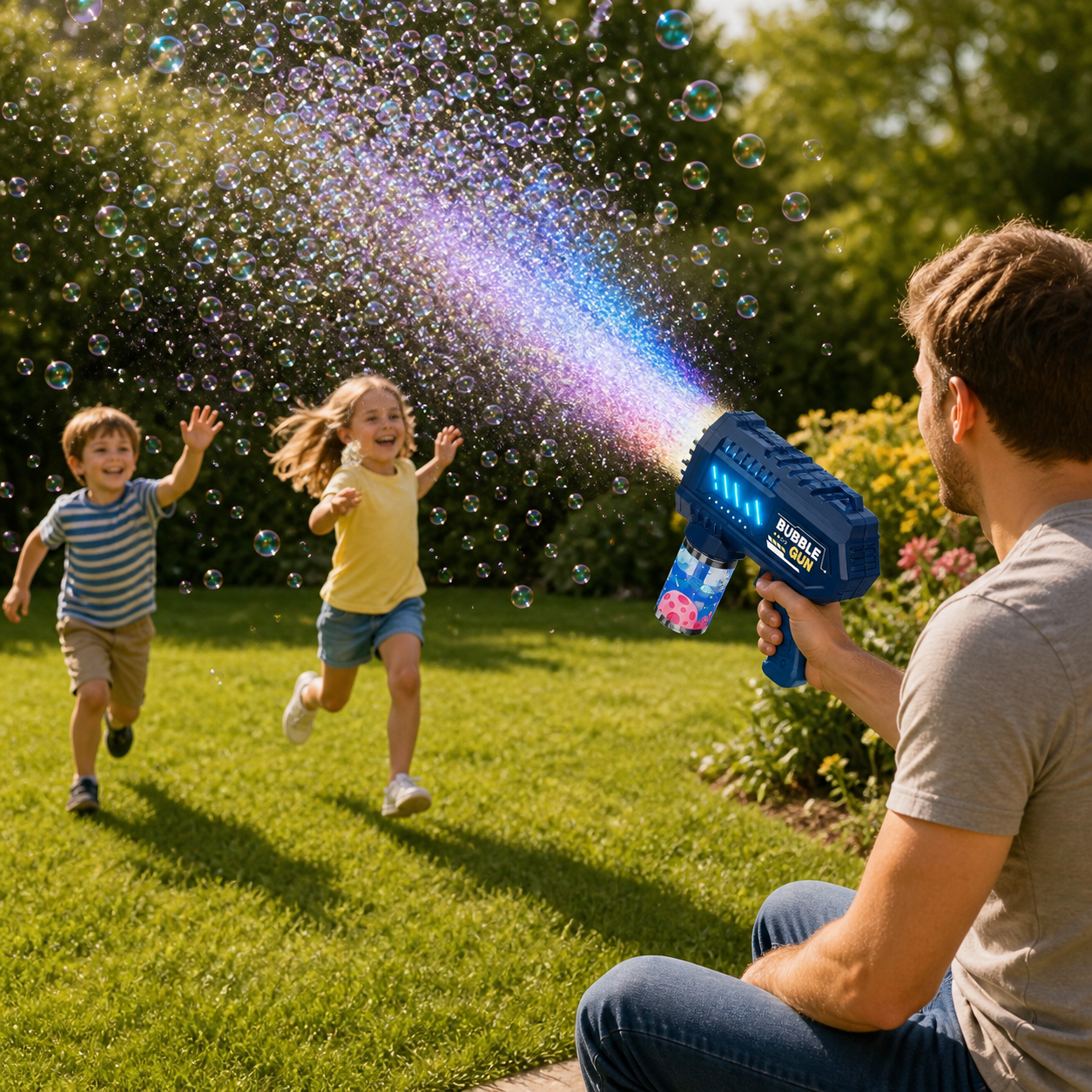 Adult operating a blue bubble gun while children chase bubbles across dry grass