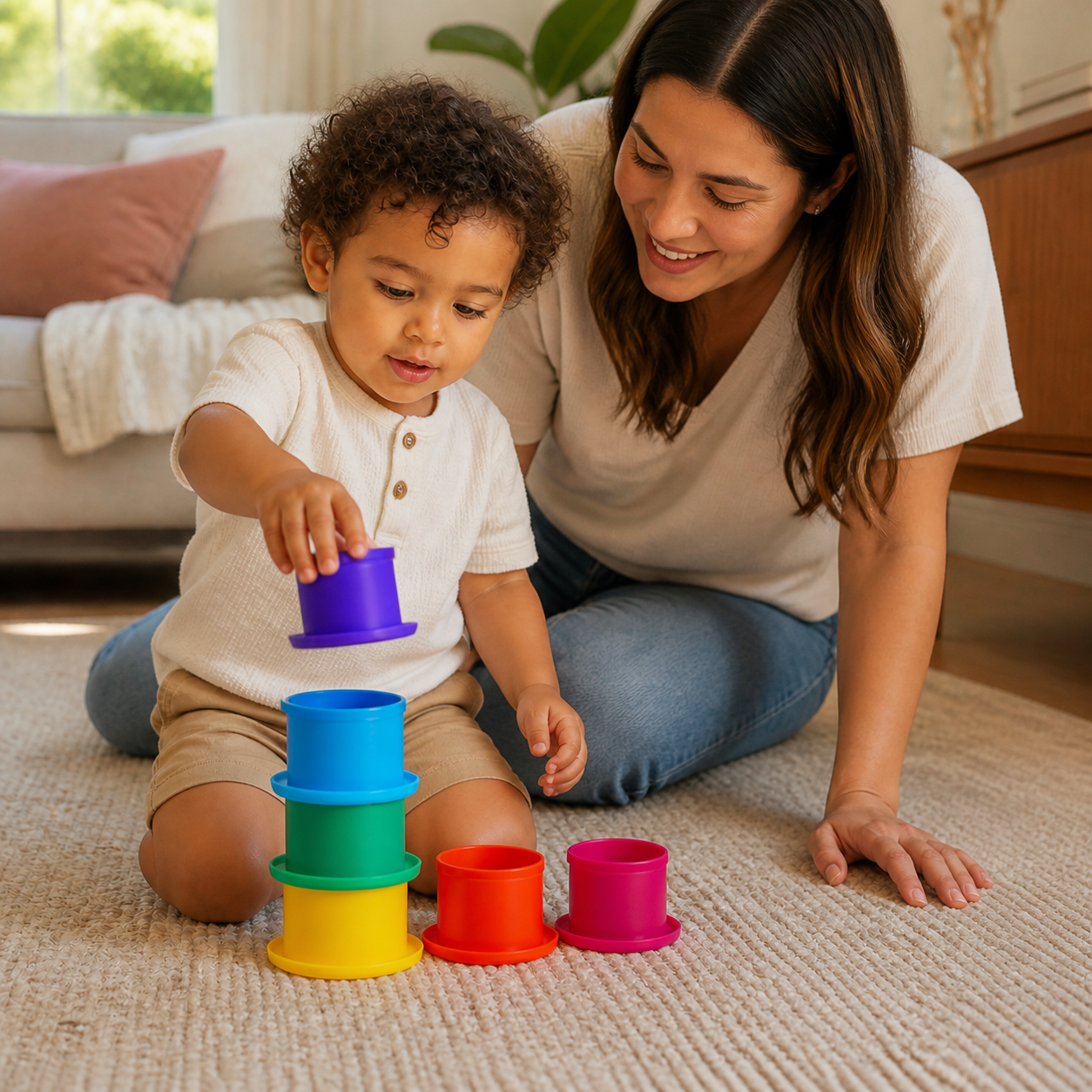 Montessori Silicone Stacking Toys Rainbow Tower Cup Early — parent and toddler using the cups for a simple size-sorting game on the living-room floor