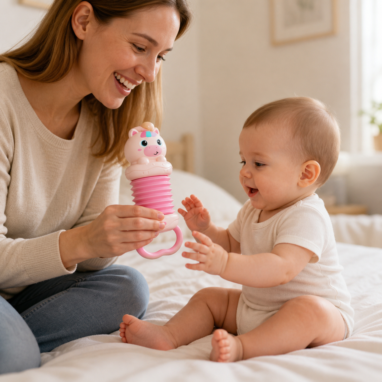 Baby Accordion Toy Unicorn Musical Instrument Early — seated parent and baby sharing a short musical play moment with the unicorn toy