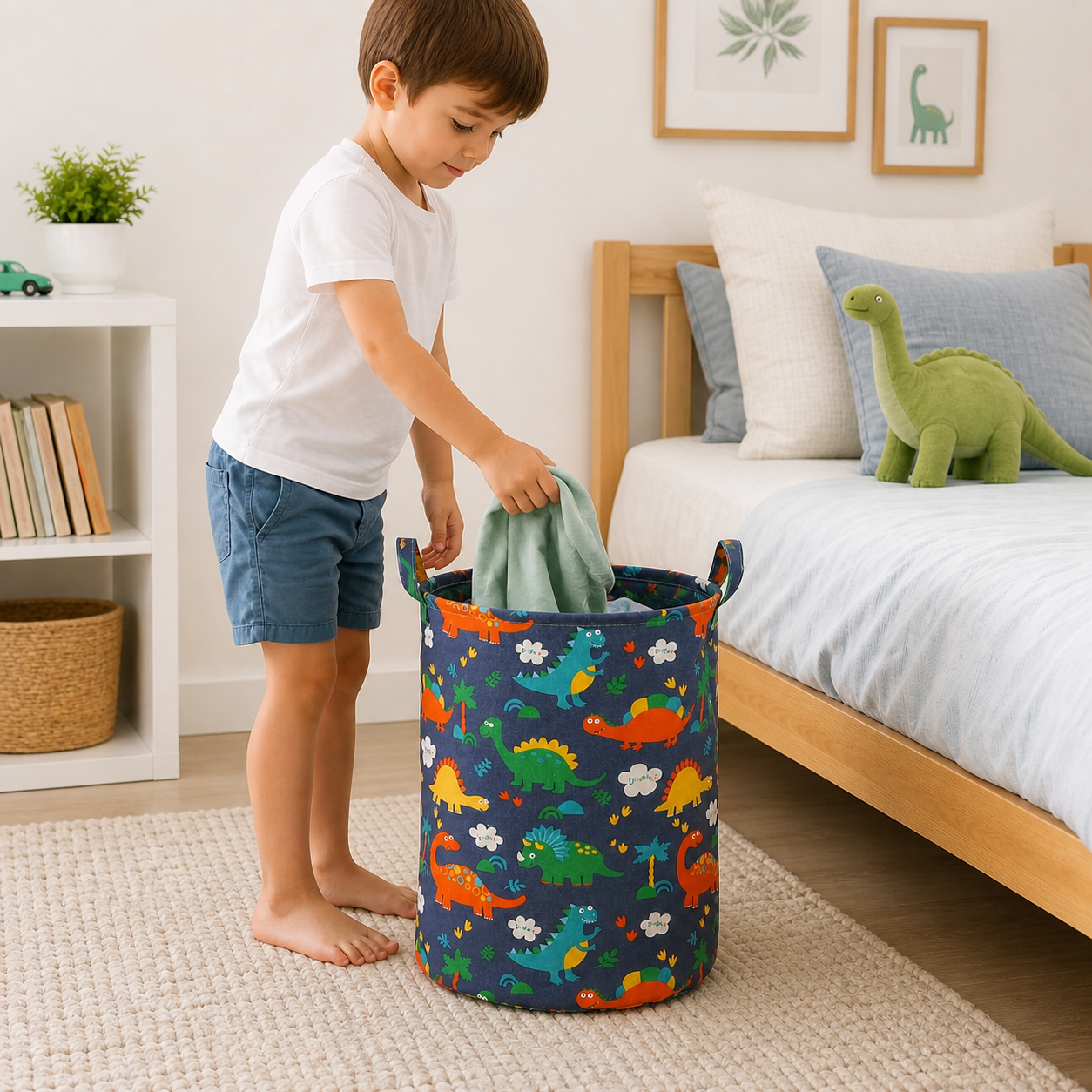 Young child placing a shirt into the navy dinosaur-print cylindrical laundry basket