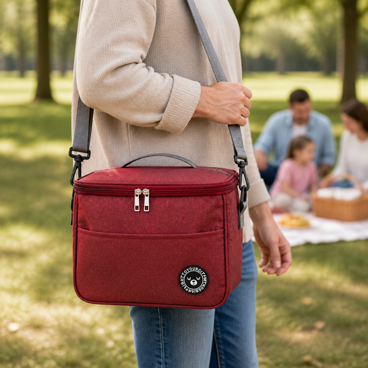 Adult carrying a burgundy Oxford-cloth lunch bag by its grey shoulder strap in a park.