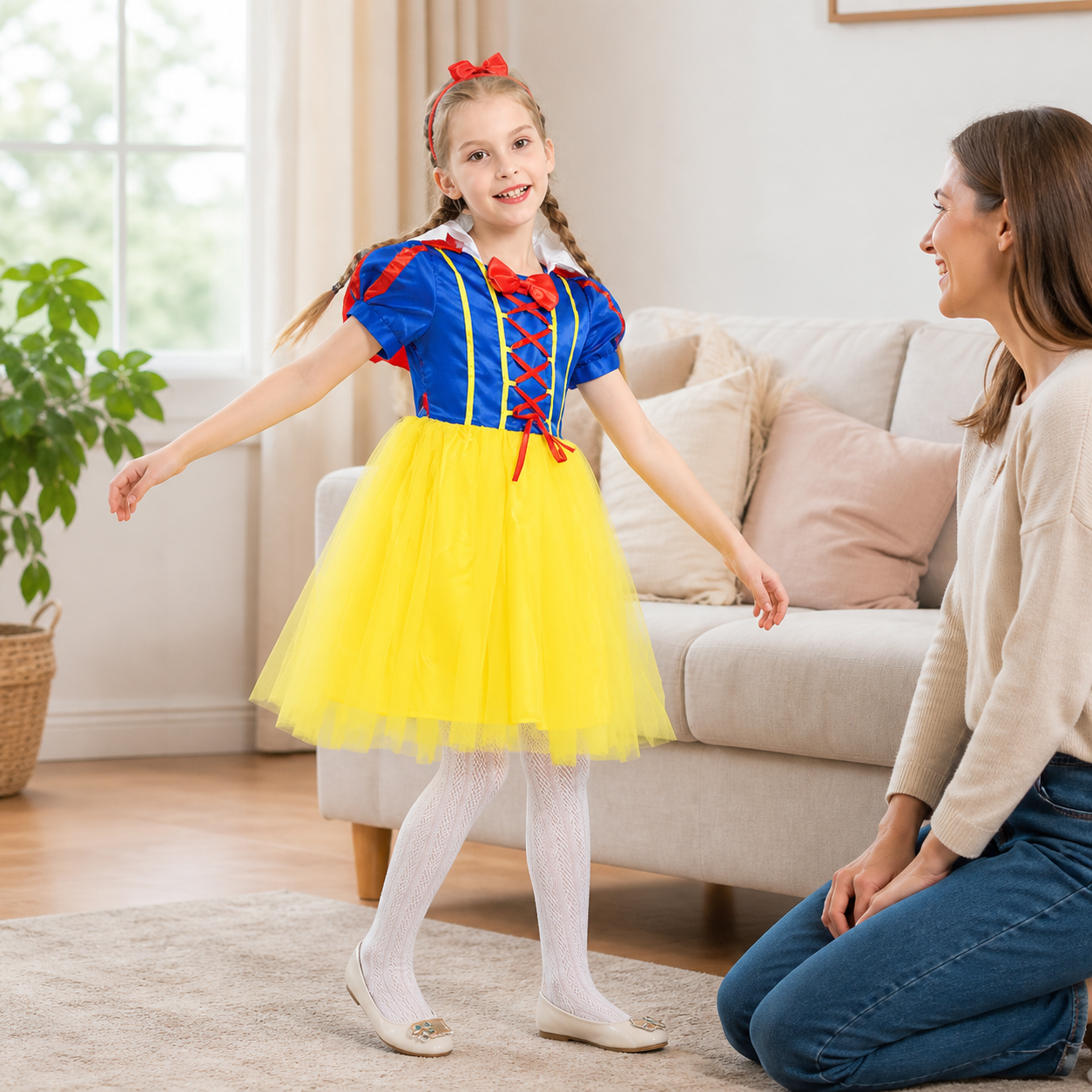Snow White Princess Dress Up Kids Halloween Costume — child wearing the exact costume during imaginative play in a bright living room