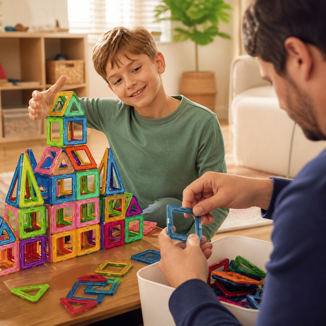 Big 50-piece translucent magnetic tile set with square and triangle pieces