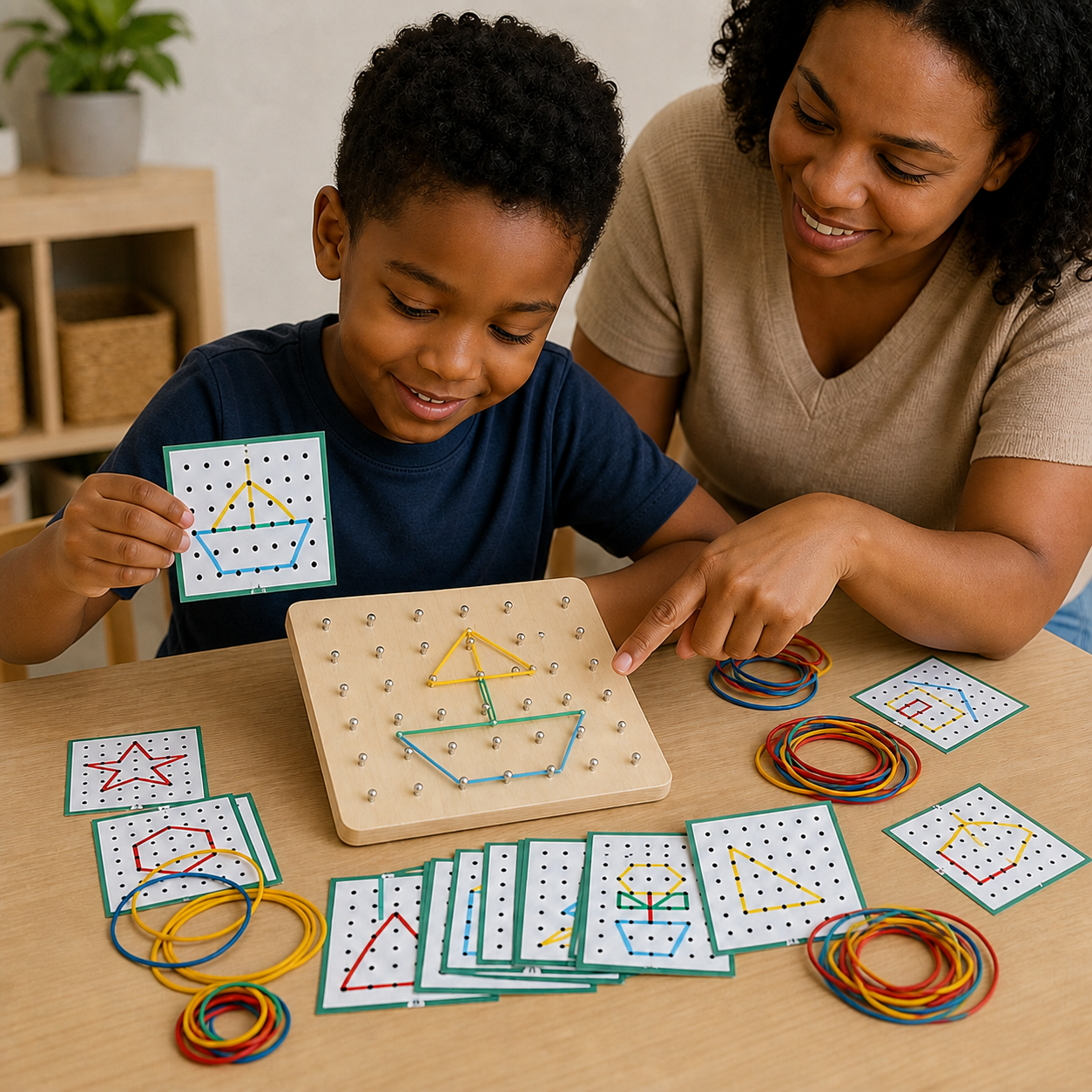 Wooden square peg board with colored elastic bands and geometric challenge cards