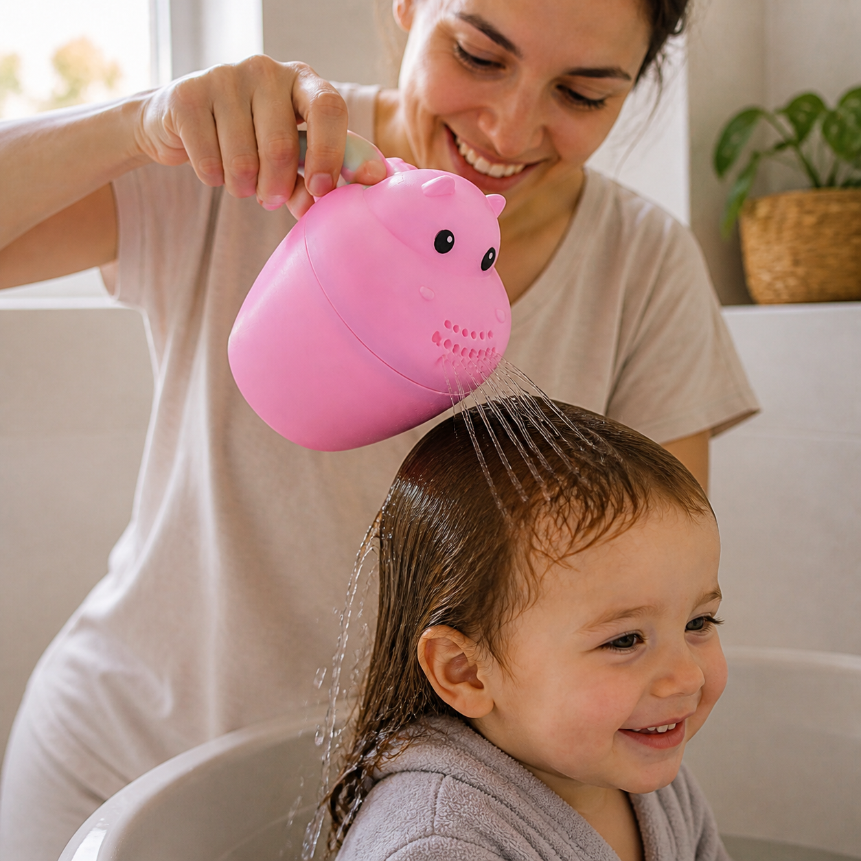 Baby Shampoo Rinser Durable Kids Rinse Cup Bath — close side view of the perforated rinse edge creating an even stream onto hair over the sink, child fully clothed and adult hand anatomically correct
