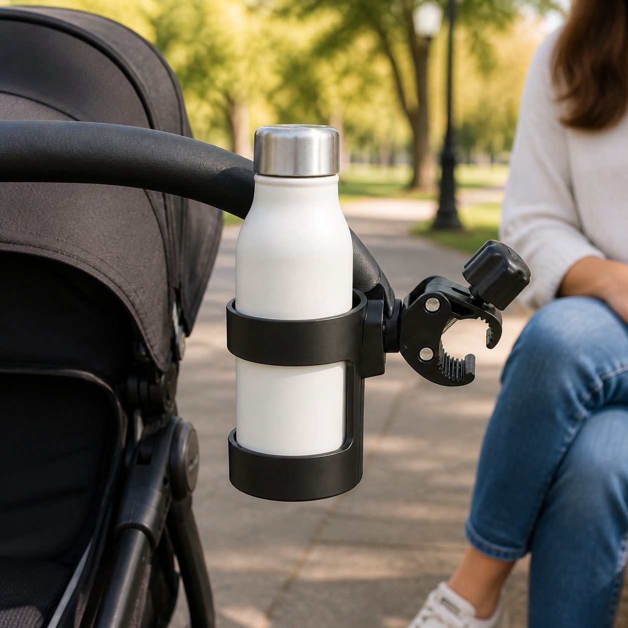 Universal Pram Cup Holder Adjustable Milk Bottle Coffee — sealed water bottle held upright in the black cup holder on a parked stroller