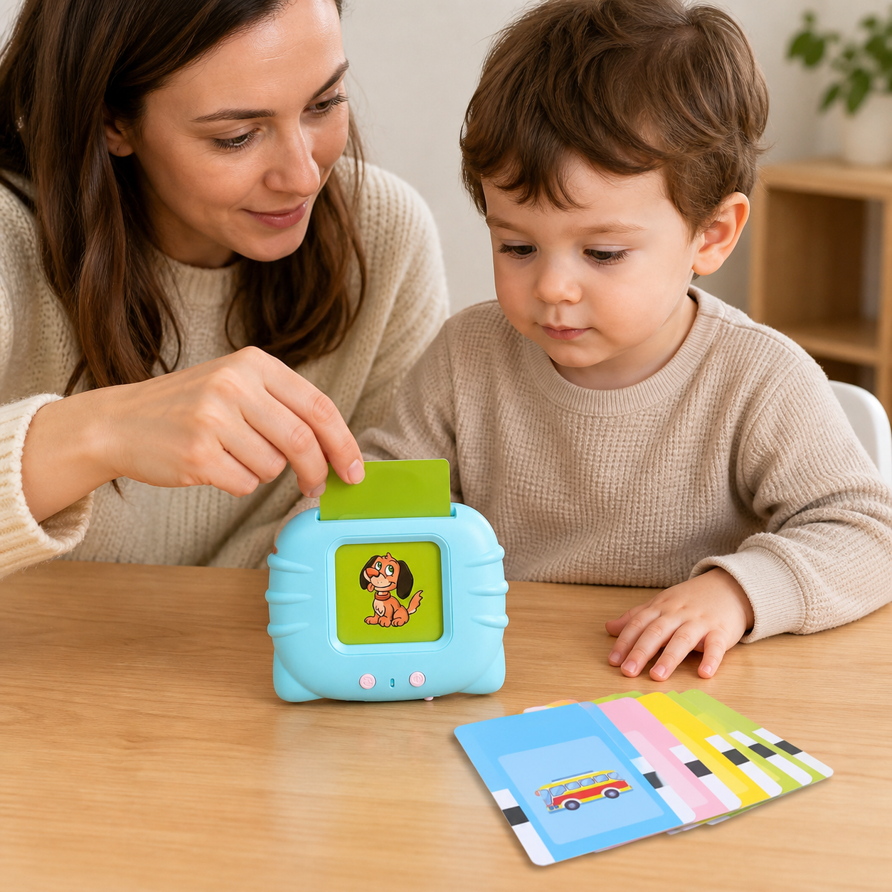 Early Education Flash Card Learning Toys Talking Flashcards — close view of natural adult fingers guiding the card into the slot, device and card edges accurate, text not readable