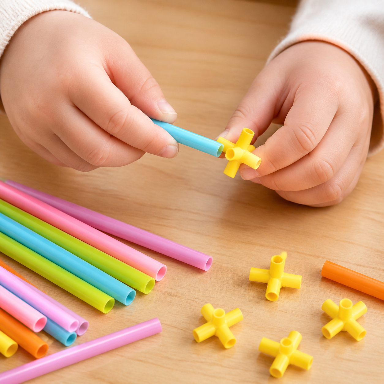Two school-age children collaborating on a straw building project