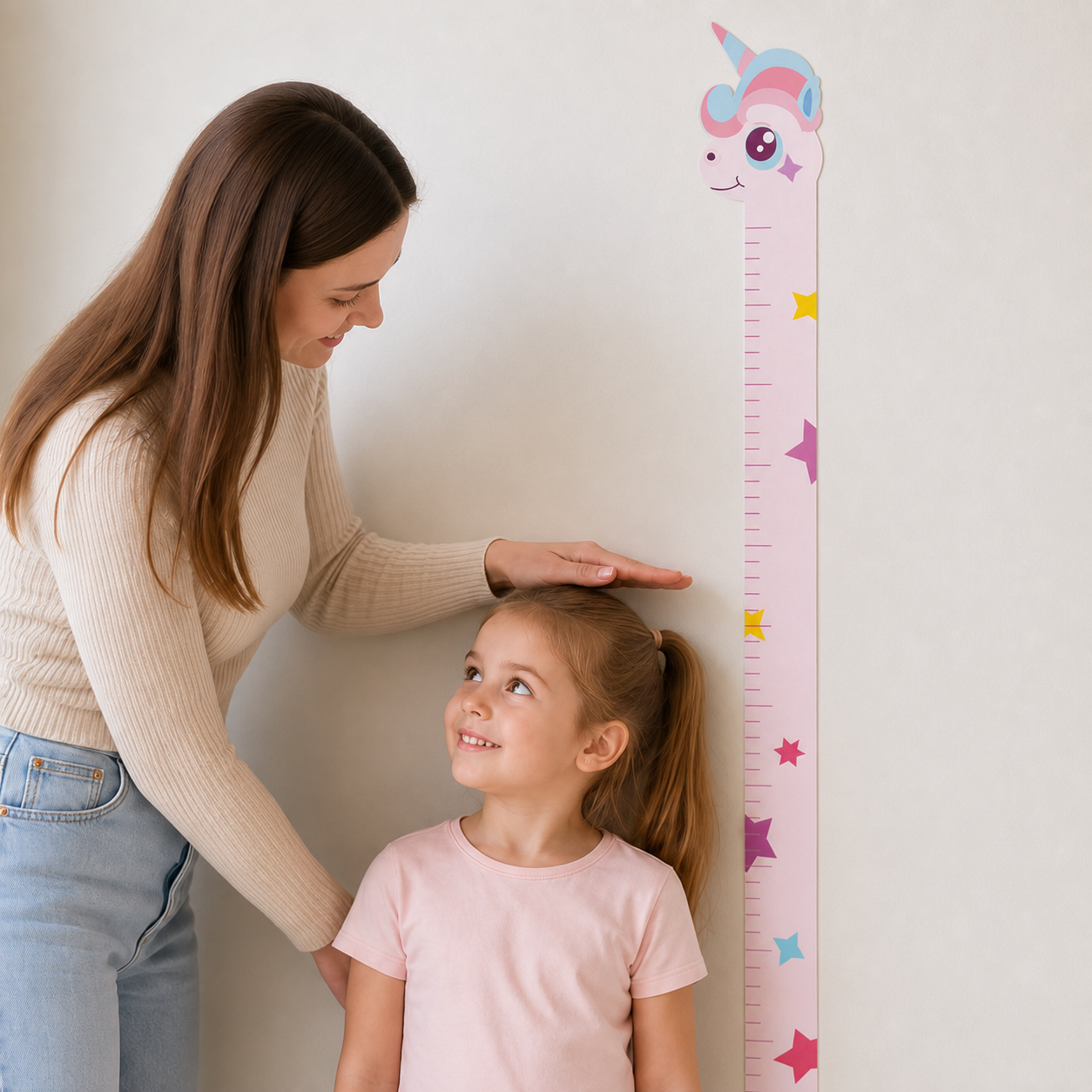 Parent checking a young child’s height beside the unicorn growth chart