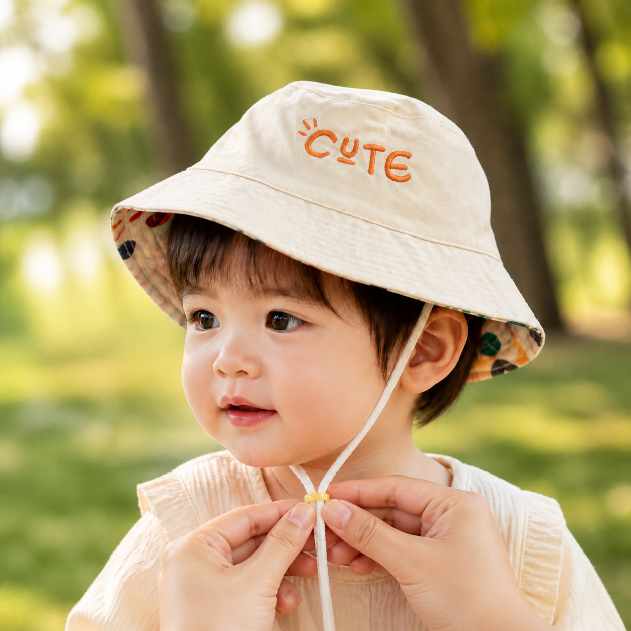 Parent checking the fit of the beige reversible bucket hat on a young child