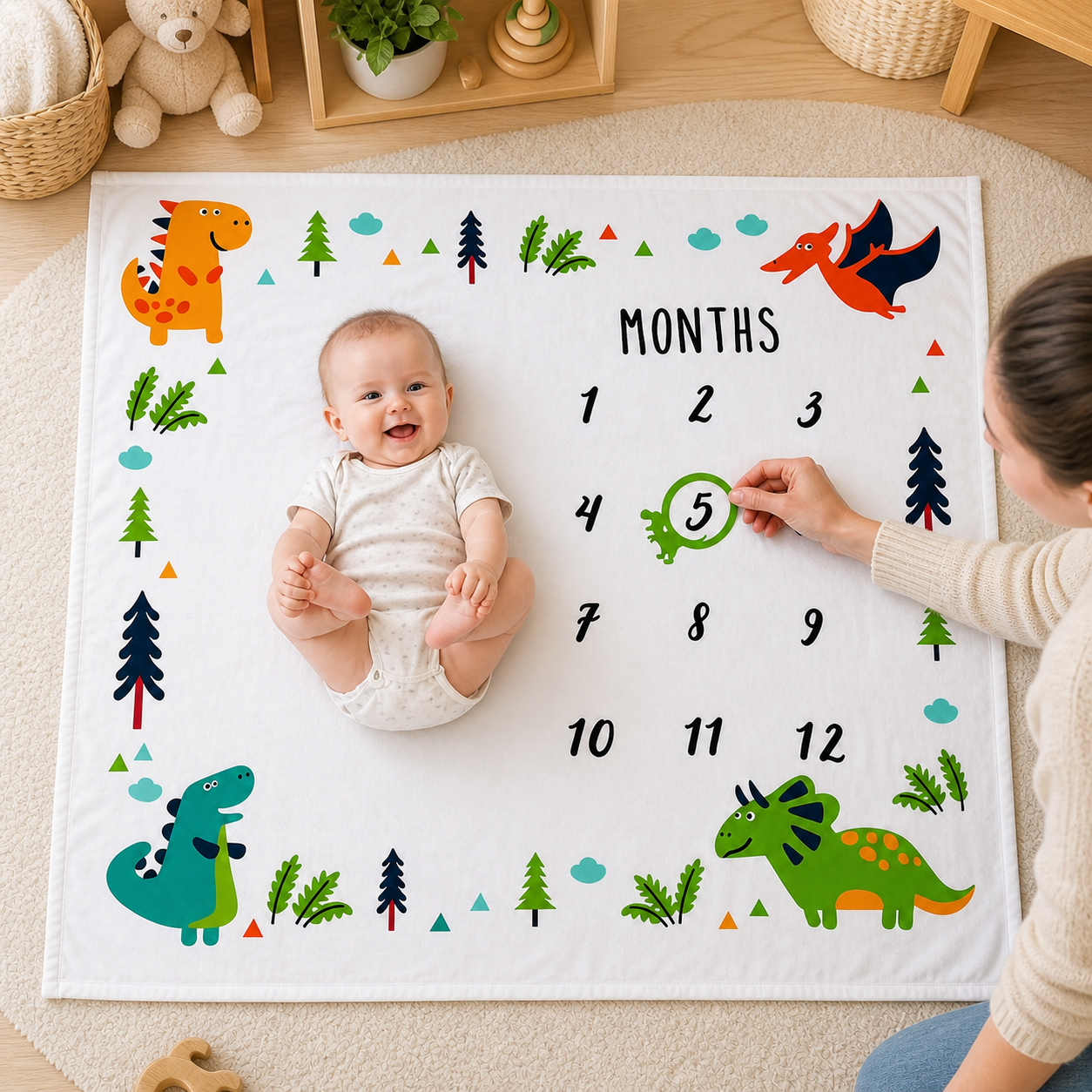 Awake smiling infant on a dinosaur milestone blanket while a parent marks month five.