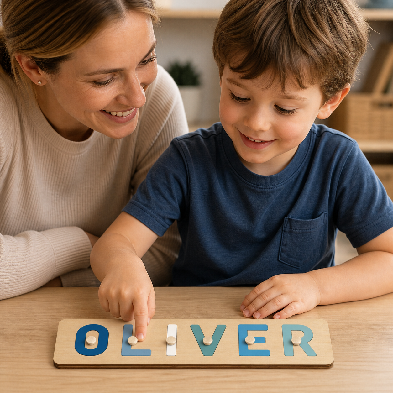 Preschool child tracing the correctly spelled OLIVER name puzzle with a parent nearby