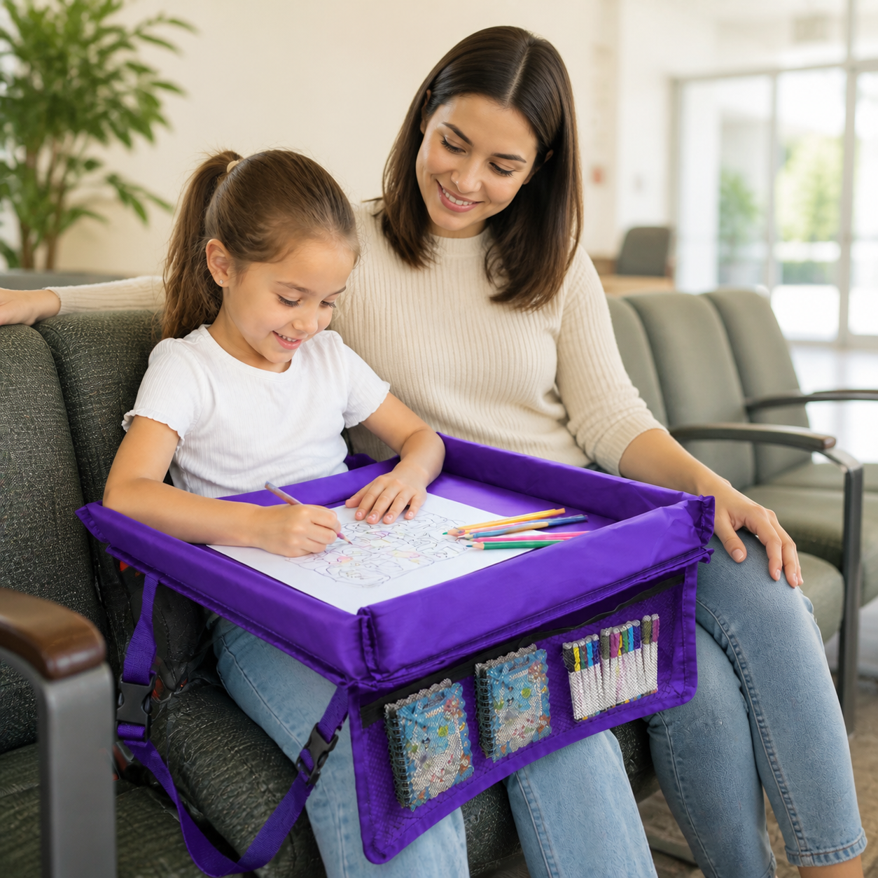 Child using the purple foldable activity tray beside a parent in a family waiting area