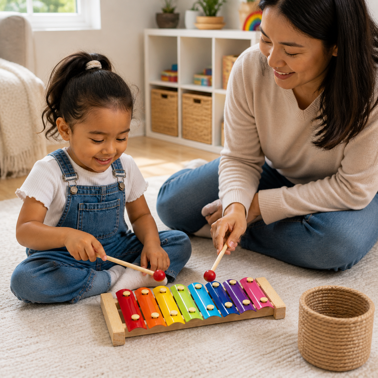 Parent and preschool child enjoying calm screen-free floor play with the selected eight-bar wooden xylophone