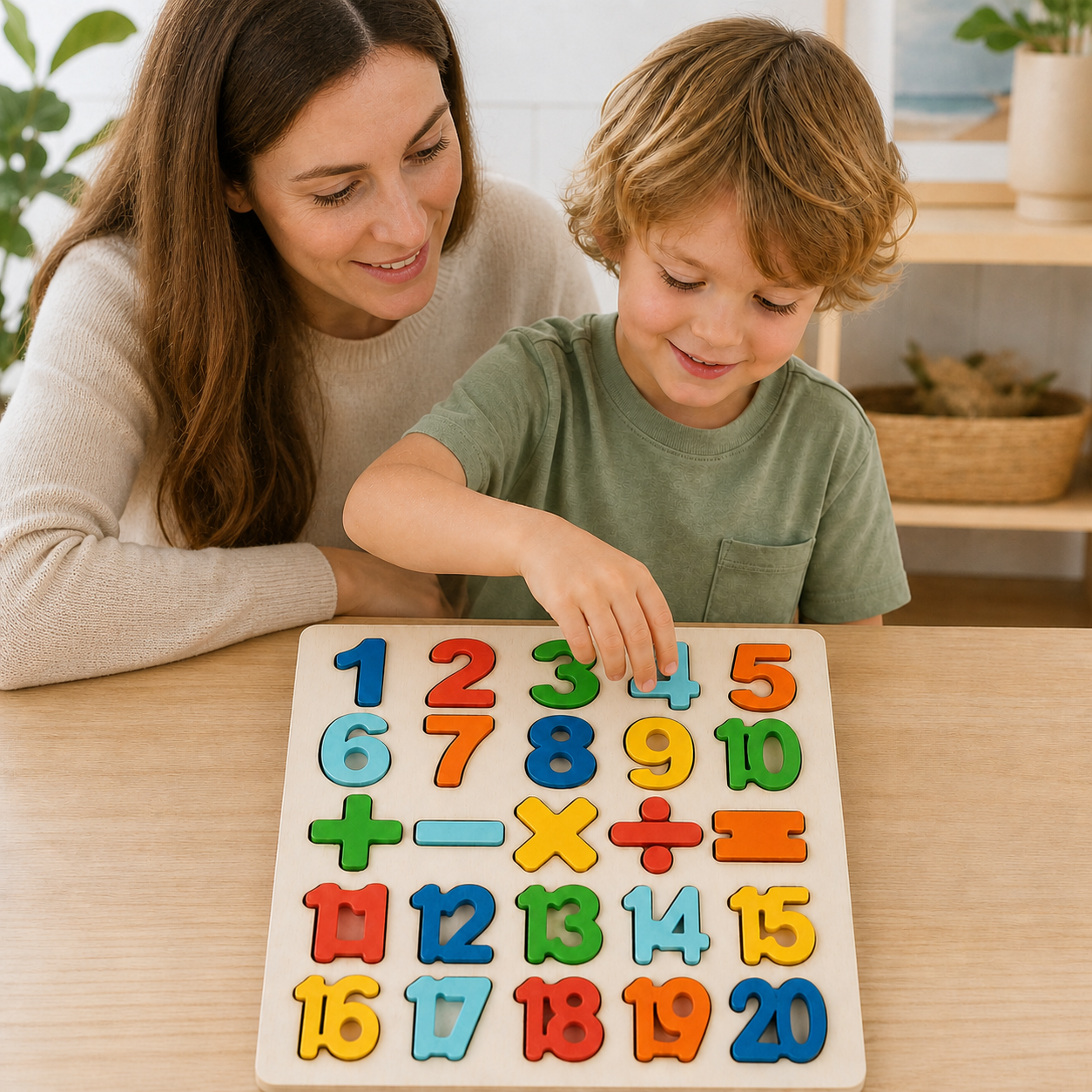 Montessori Toys Letter Numbers Wooden Puzzle Sorting Math — child returning a colorful number piece to its matching space on the board