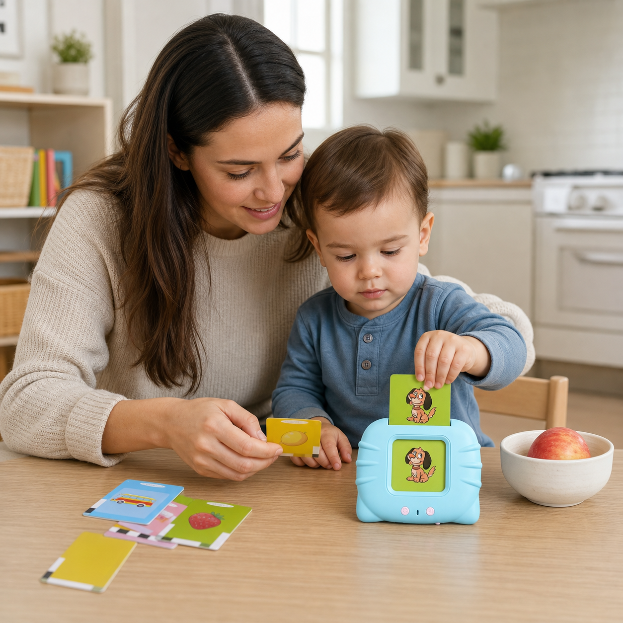 Early Education Flash Card Learning Toys Talking Flashcards — parent and toddler matching a pictured object card to a real household object during a short supervised session