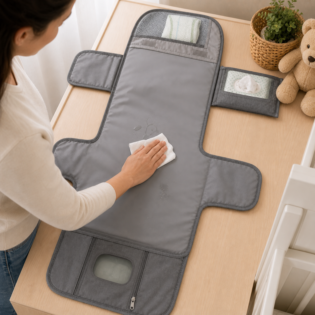 Parent wiping the grey portable nappy changing pad after use