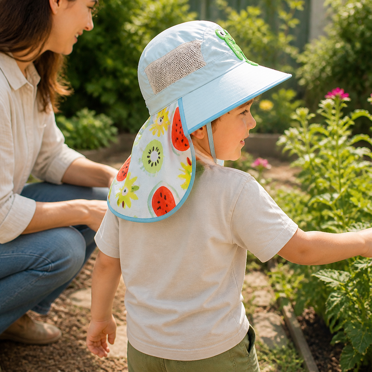 Rear view of the blue children's sun hat showing mesh panel and long printed neck flap