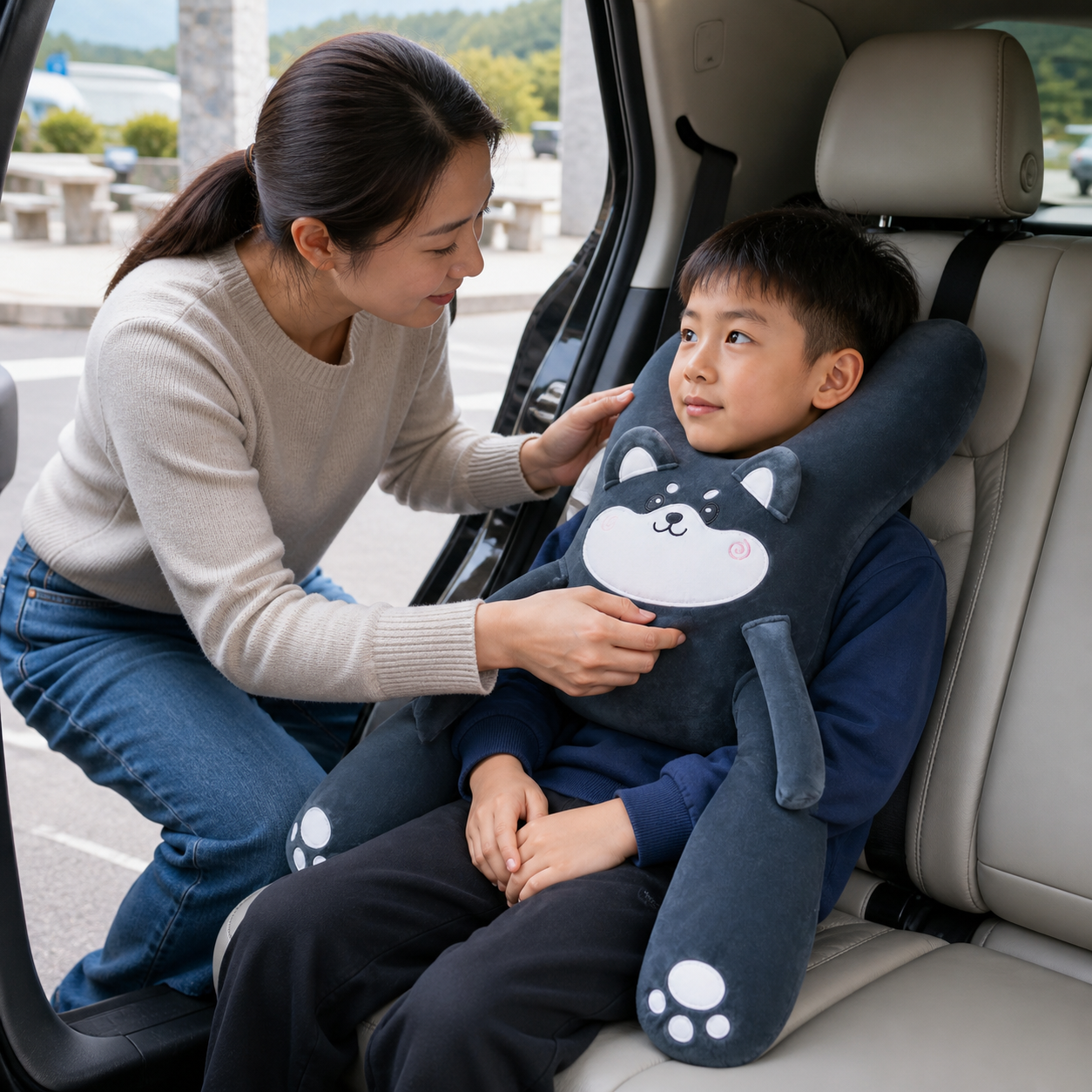 Parent adjusting the correctly proportioned husky travel cushion for an awake child during a supervised parked-car rest stop