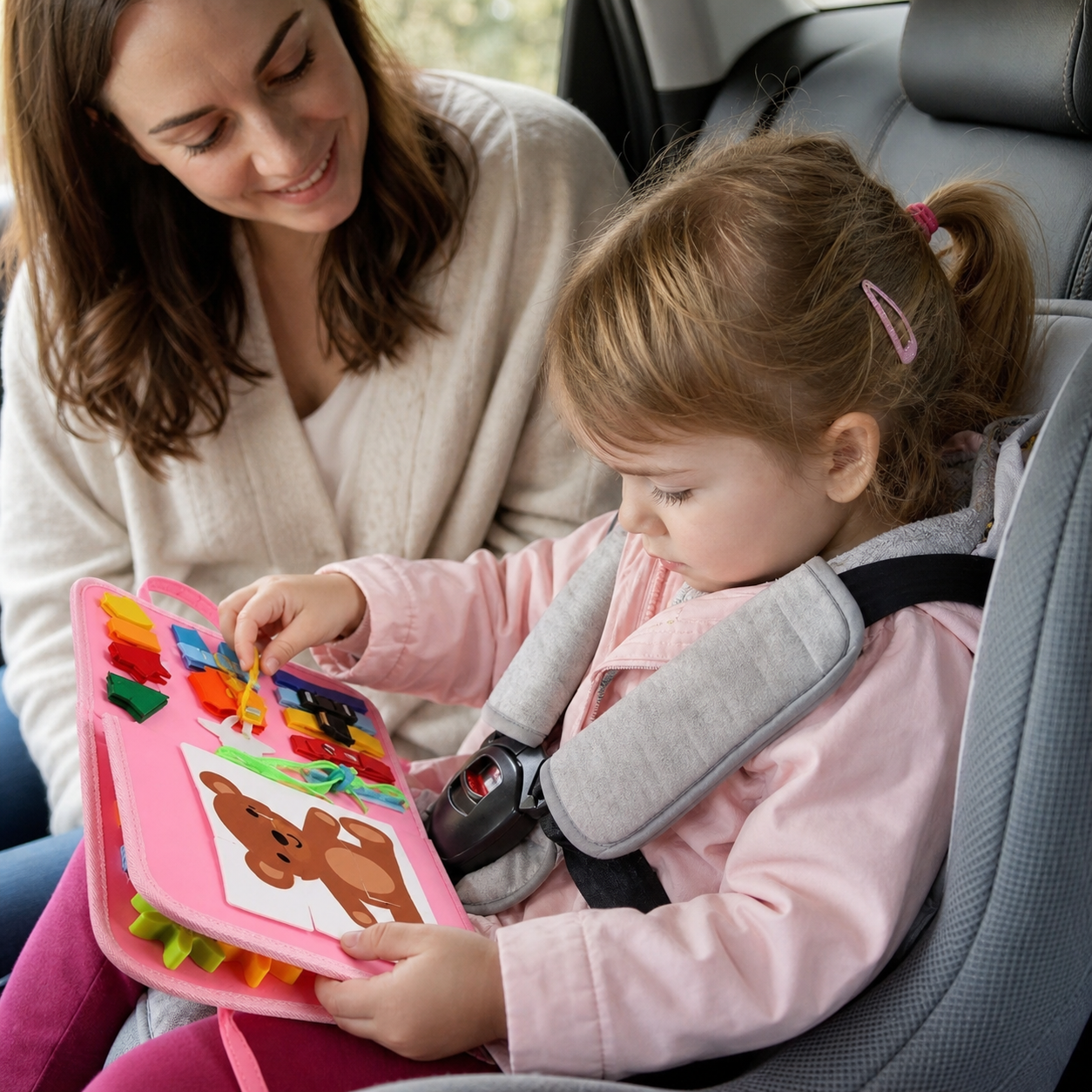 Montessori Kids Travel Toy Felt Activity Quiet Books — toddler using one felt activity page while securely seated in a parked family car