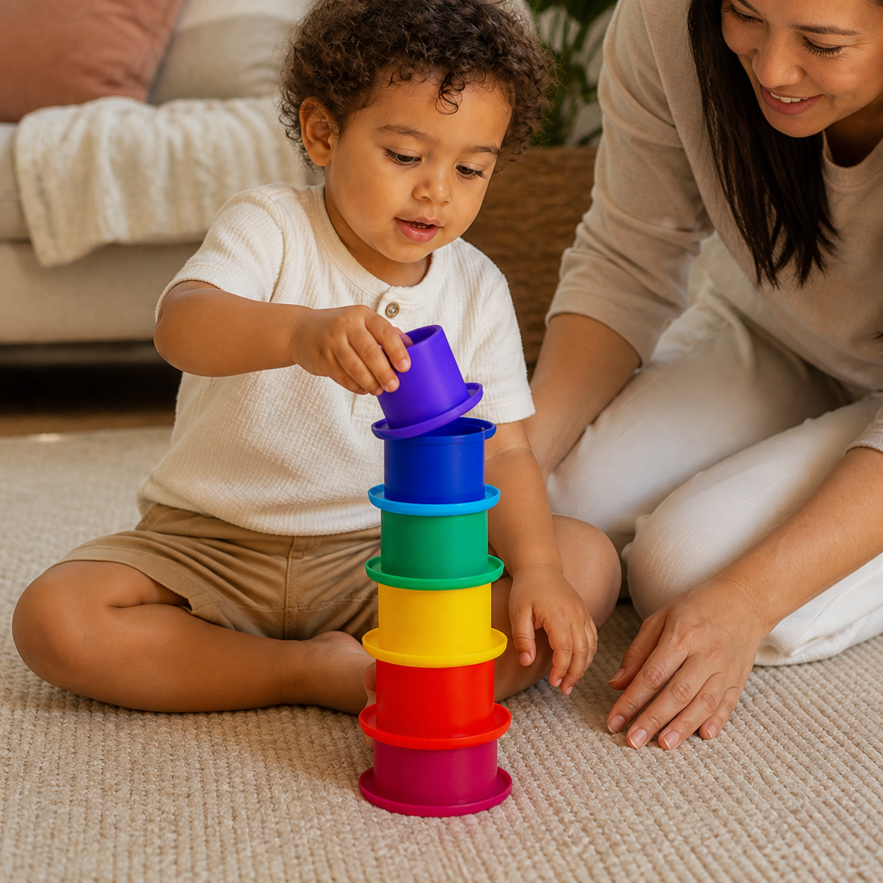 Montessori Silicone Stacking Toys Rainbow Tower Cup Early — close view of natural small hands nesting one cup into another, correct cup geometry